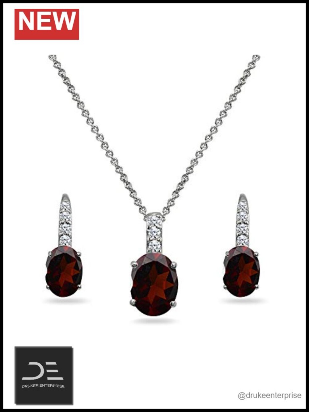 Sterling Silver Garnet Jewelry Set Oval Necklace Drop Earrings with CZ